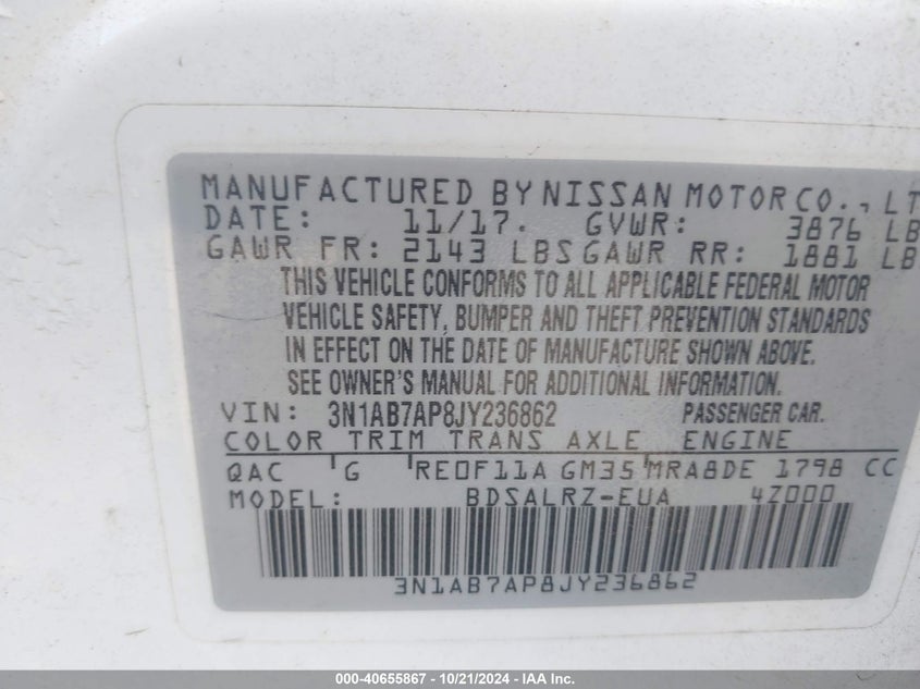 VIN 3N1AB7AP8JY236862 2018 NISSAN SENTRA SR