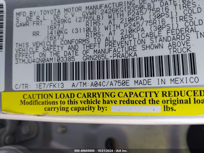 2010 Toyota Tacoma Prerunner V6 VIN: 3TMJU4GN0AM103385 Lot: 40655888