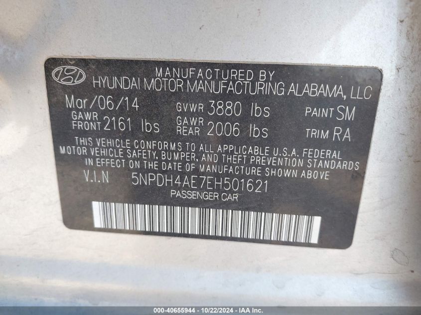 2014 Hyundai Elantra Se VIN: 5NPDH4AE7EH501621 Lot: 40655944