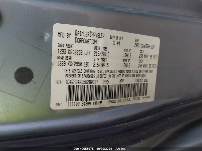 2005 Dodge Grand Caravan Se VIN: 1D4GP24R35B280607 Lot: 40655975