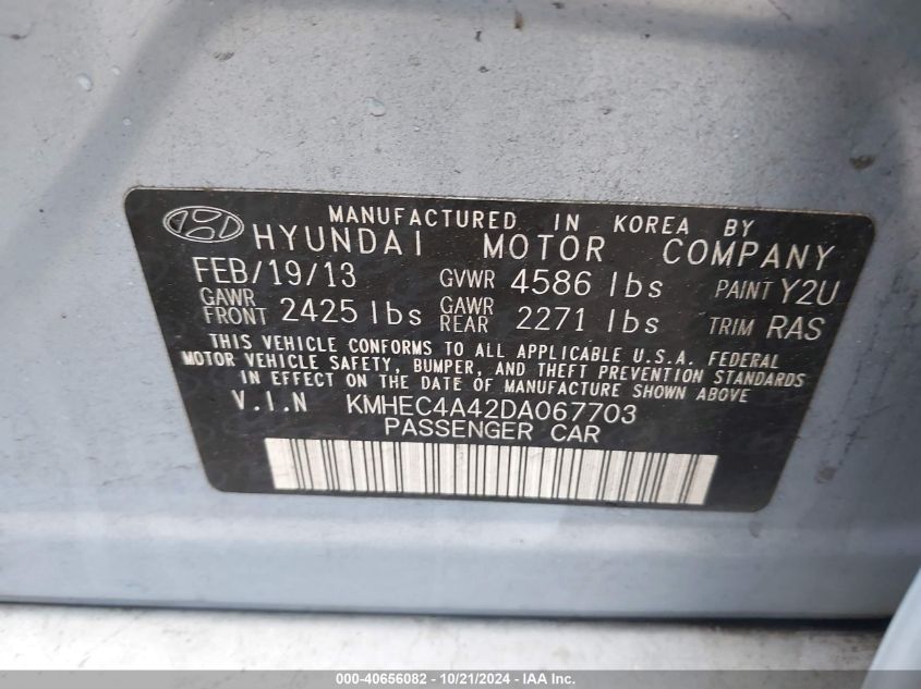 2013 Hyundai Sonata Hybrid VIN: KMHEC4A42DA067703 Lot: 40656082