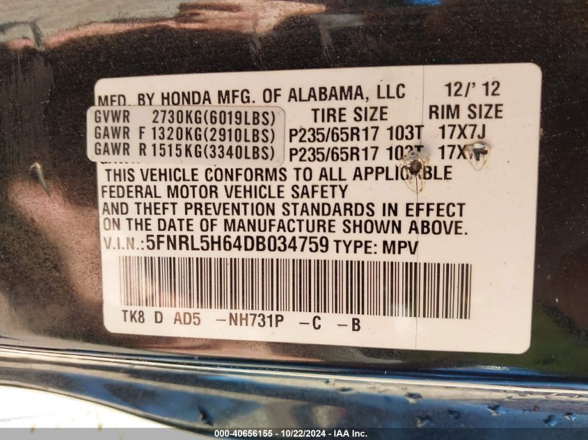 VIN 5FNRL5H64DB034759 2013 Honda Odyssey, Ex-L no.9