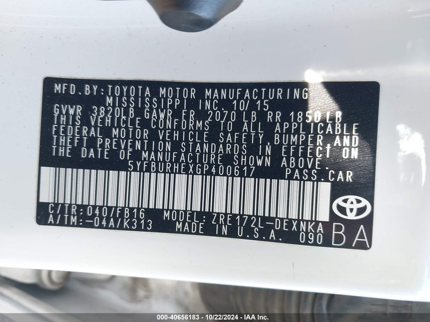 2016 Toyota Corolla Le VIN: 5YFBURHEXGP400617 Lot: 40656183