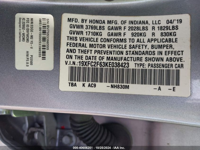 2019 Honda Civic Lx VIN: 19XFC2F63KE038423 Lot: 40656251