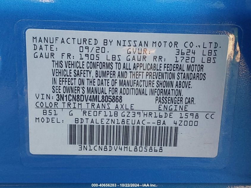 2021 Nissan Versa S Xtronic Cvt VIN: 3N1CN8DV4ML805868 Lot: 40656283