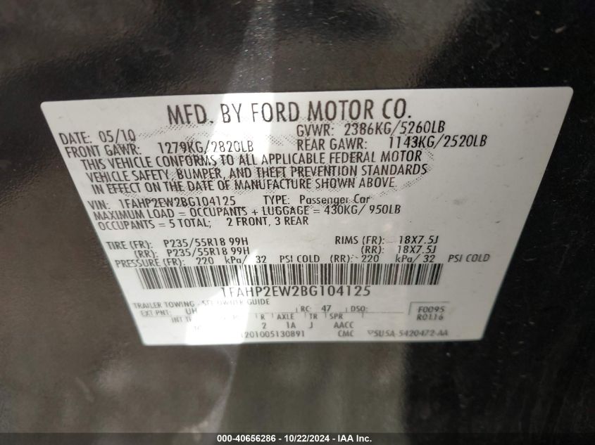 2011 Ford Taurus Sel VIN: 1FAHP2EW2BG104125 Lot: 40656286