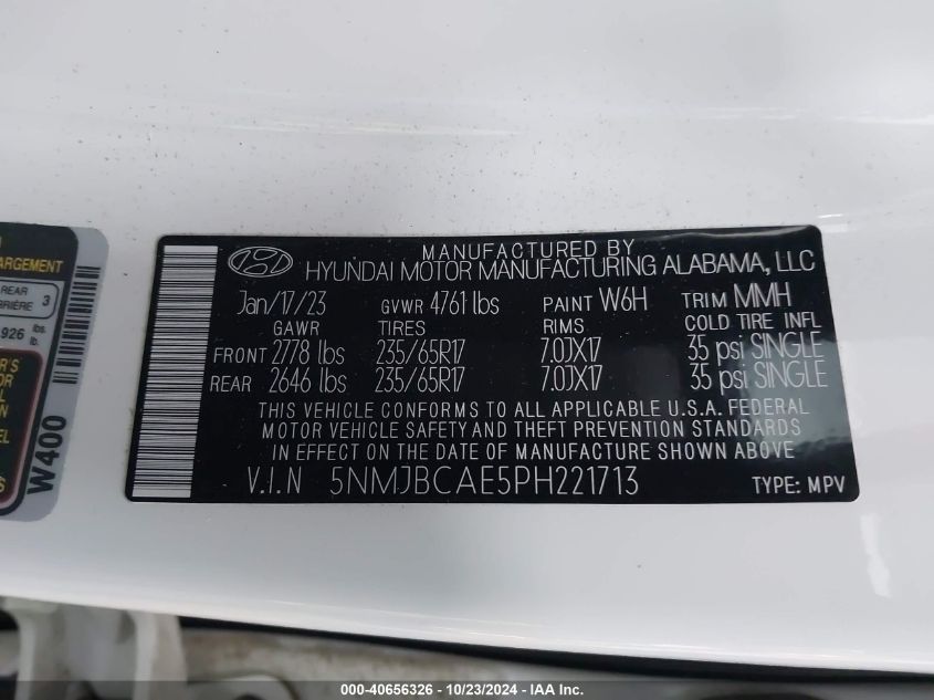 2023 Hyundai Tucson Sel VIN: 5NMJBCAE5PH221713 Lot: 40656326