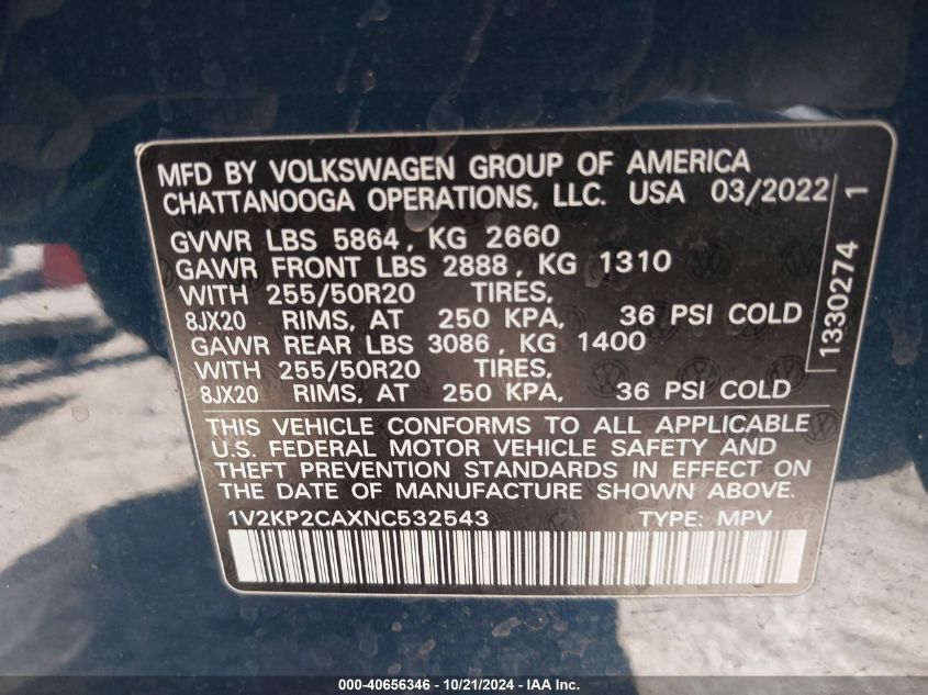 2022 Volkswagen Atlas 2.0T Se W/Technology VIN: 1V2KP2CAXNC532543 Lot: 40656346