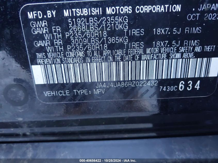 2024 Mitsubishi Outlander Es VIN: JA4J4UA86RZ022432 Lot: 40656422