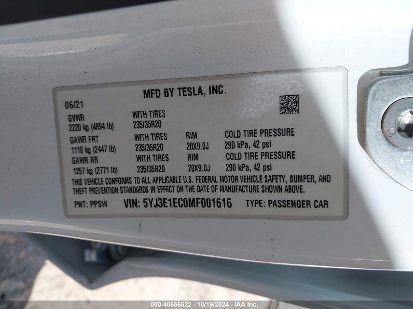 2021 Tesla Model 3 Performance Dual Motor All-Wheel Drive VIN: 5YJ3E1EC0MF001616 Lot: 40656522