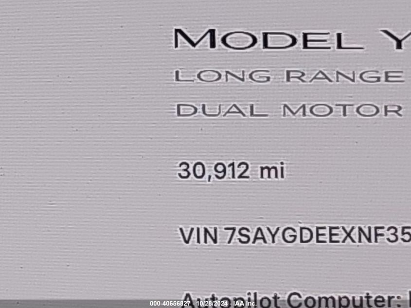 2022 Tesla Model Y Long Range Dual Motor All-Wheel Drive VIN: 7SAYGDEEXNF350824 Lot: 40656827