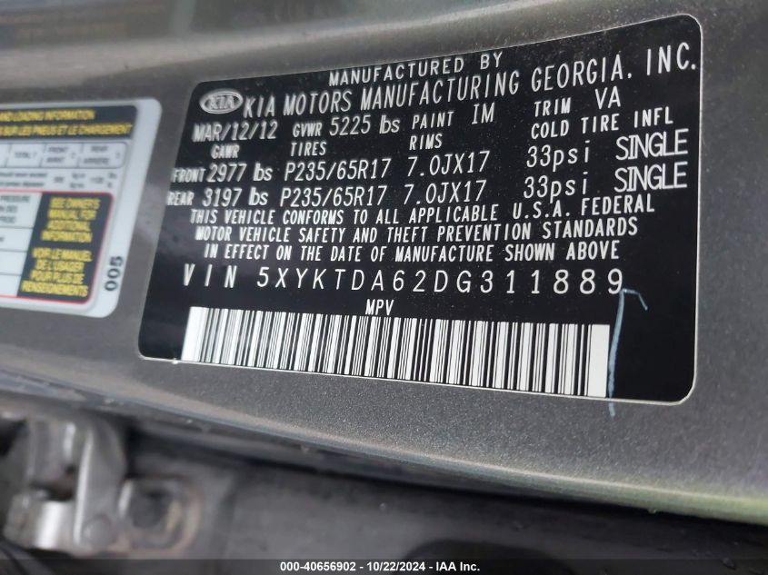 VIN 5XYKTDA62DG311889 2013 KIA Sorento, LX no.9