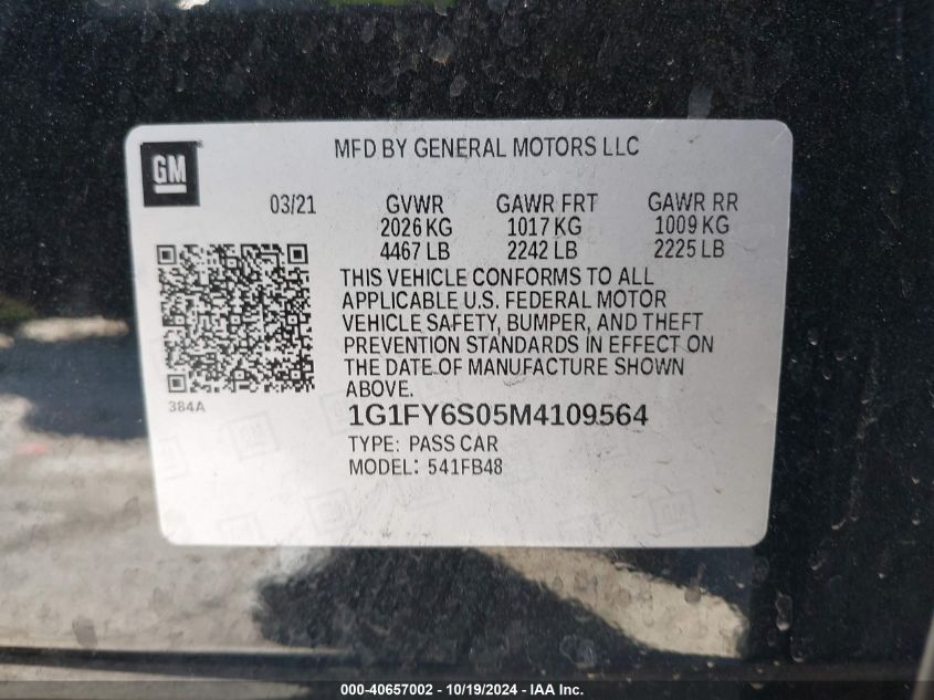 2021 Chevrolet Bolt Ev Fwd Lt VIN: 1G1FY6S05M4109564 Lot: 40657002