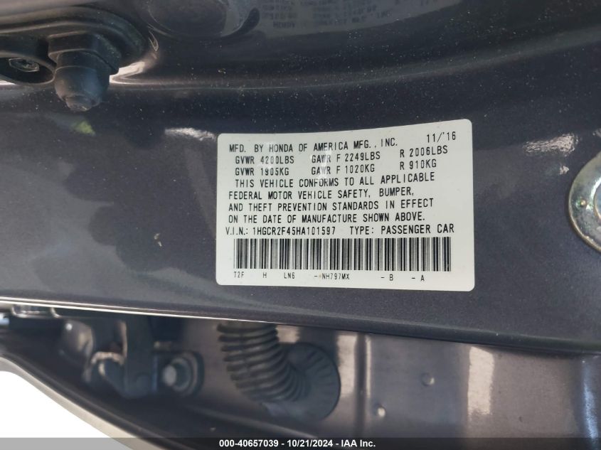 VIN 1HGCR2F45HA101597 2017 HONDA ACCORD no.9