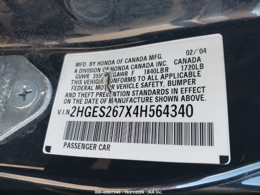 2004 Honda Civic Ex VIN: 2HGES267X4H564340 Lot: 40657040