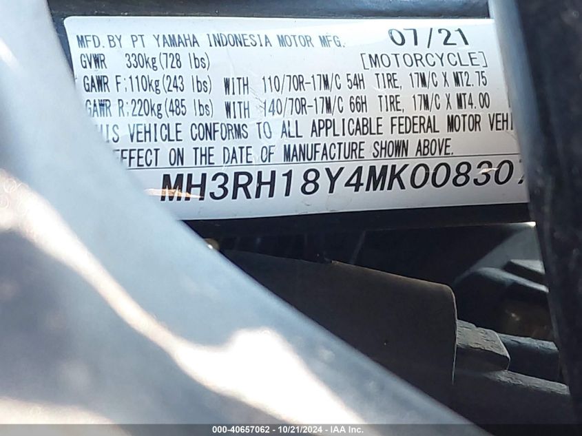 VIN MH3RH18Y4MK008307 2021 YAMAHA YZFR3 A