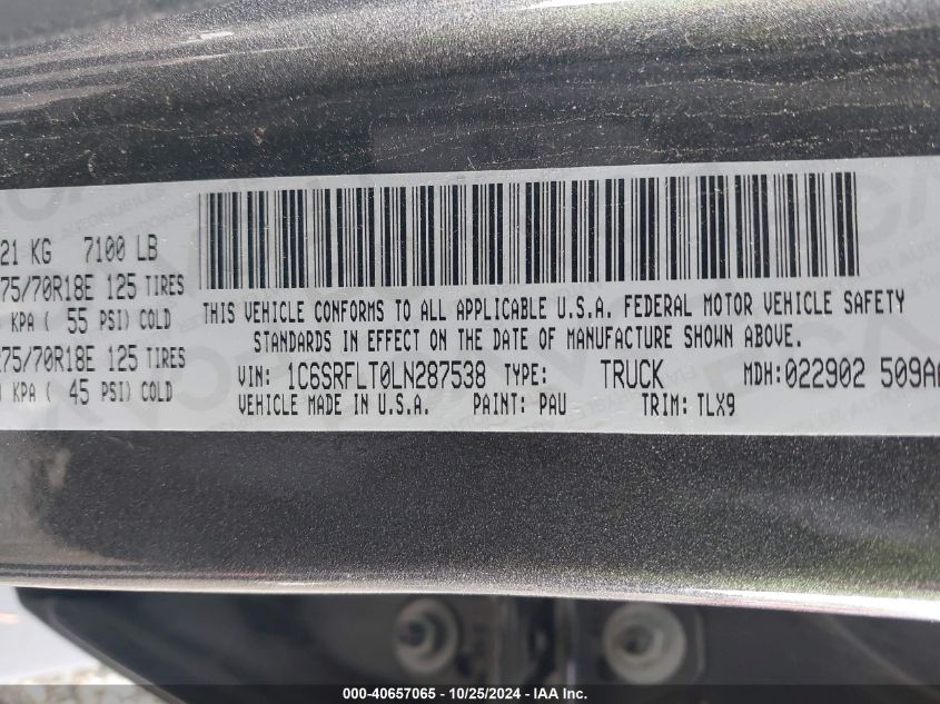 2020 Ram 1500 Rebel 4X4 5'7 Box VIN: 1C6SRFLT0LN287538 Lot: 40657065