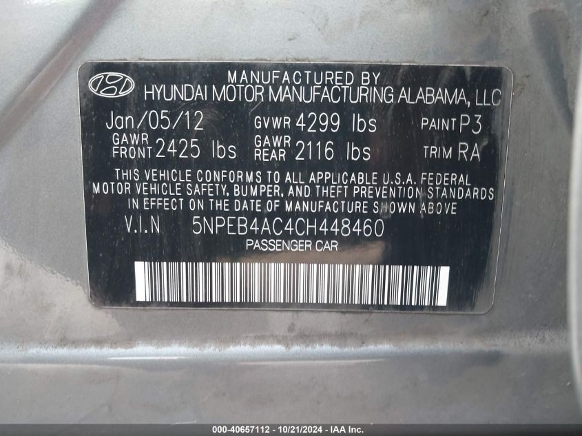 2012 Hyundai Sonata Gls VIN: 5NPEB4AC4CH448460 Lot: 40657112