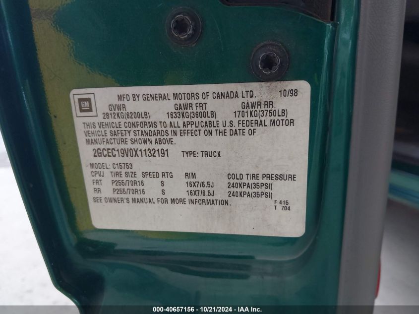 1999 Chevrolet Silverado 1500 Ls VIN: 2GCEC19V0X1132191 Lot: 40657156