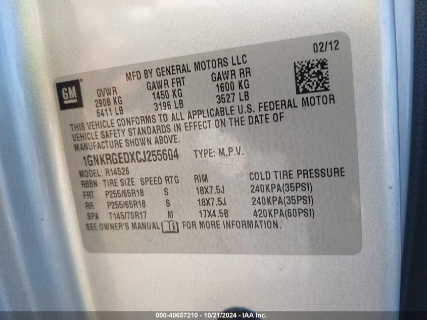 2012 Chevrolet Traverse 1Lt VIN: 1GNKRGEDXCJ255604 Lot: 40657210