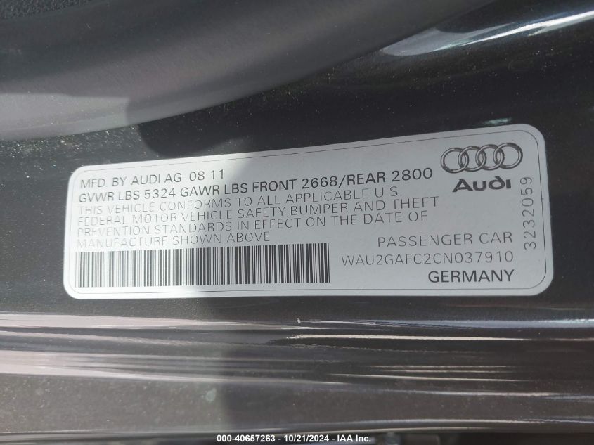 2012 Audi A7 Premium VIN: WAU2GAFC2CN037910 Lot: 40657263