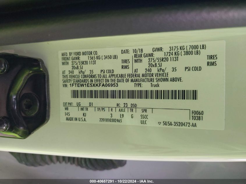 2019 Ford F-150 King Ranch VIN: 1FTEW1E5XKFA06953 Lot: 40657291