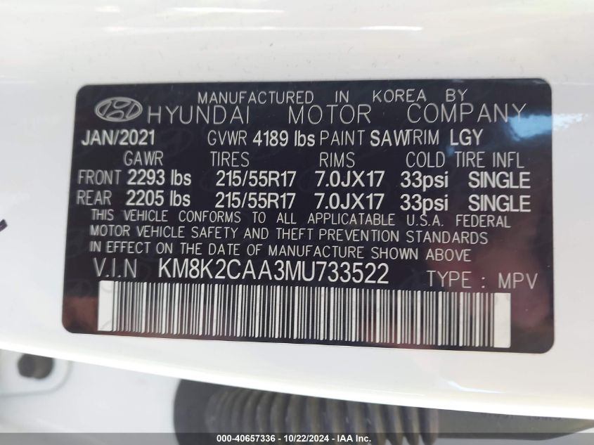 2021 Hyundai Kona Sel VIN: KM8K2CAA3MU733522 Lot: 40657336