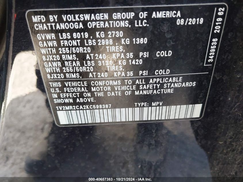 2019 Volkswagen Atlas 3.6L V6 Sel VIN: 1V2MR2CA2KC598387 Lot: 40657383