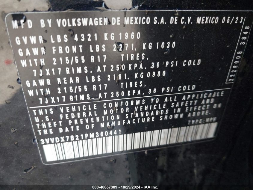 2023 Volkswagen Taos 1.5T S VIN: 3VVDX7B21PM360441 Lot: 40657389