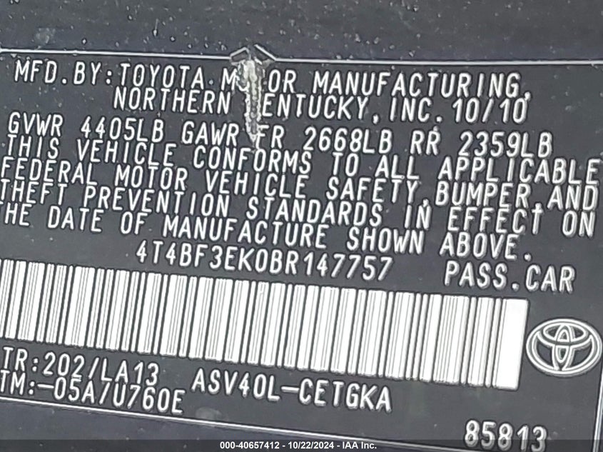 2011 TOYOTA CAMRY VIN: 4T4BF3EK0BR147757