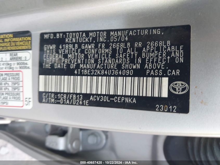 2004 Toyota Camry Le VIN: 4T1BE32K84U364090 Lot: 40657420