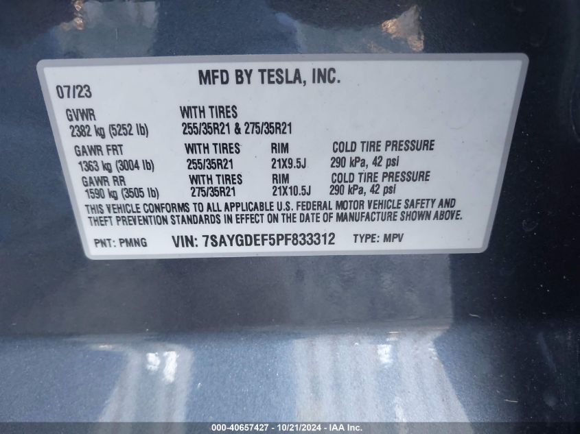 2023 Tesla Model Y Performance Dual Motor All-Wheel Drive VIN: 7SAYGDEF5PF833312 Lot: 40657427