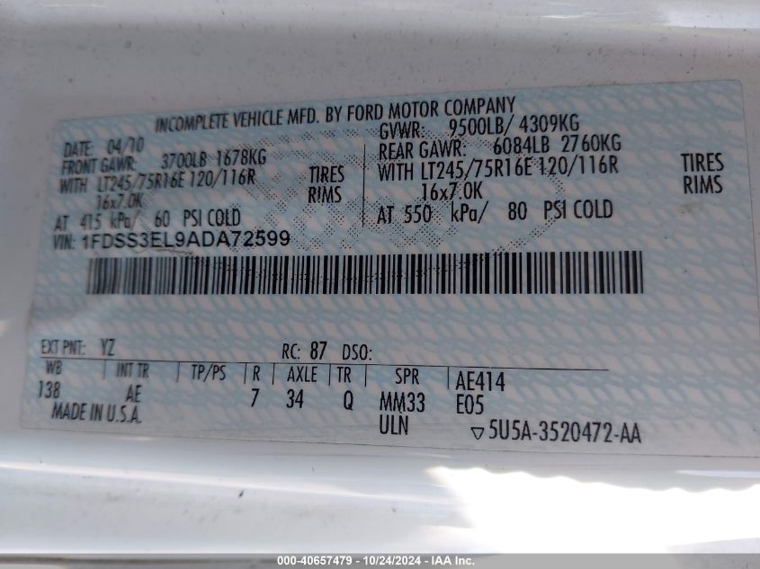 2010 Ford E-350 Super Duty Commercial/Recreational VIN: 1FDSS3EL9ADA72599 Lot: 40657479