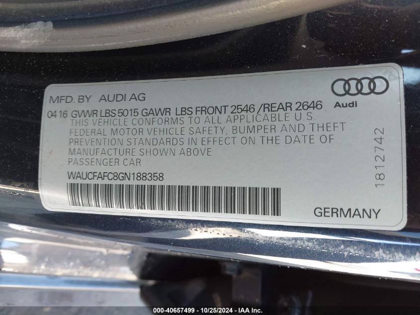 2016 Audi A6 2.0T Premium VIN: WAUCFAFC8GN188358 Lot: 40657499