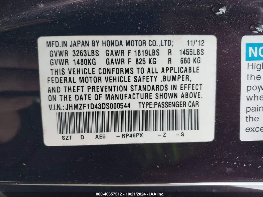 VIN JHMZF1D43DS000544 2013 Honda CR-Z no.9