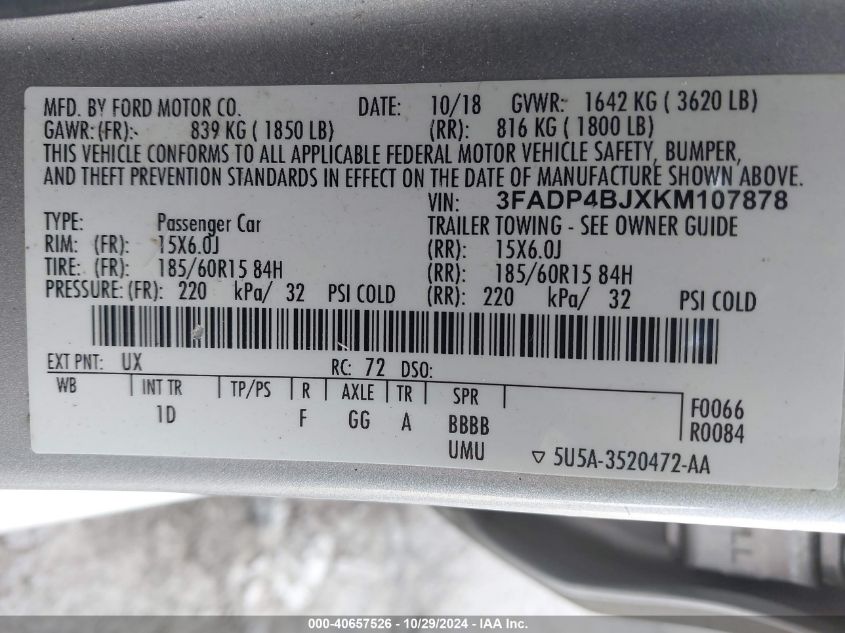 VIN 3FADP4BJXKM107878 2019 FORD FIESTA SE