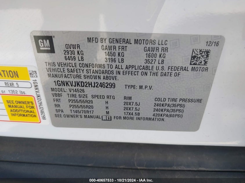 2017 Chevrolet Traverse Premier VIN: 1GNKVJKD2HJ246299 Lot: 40657533