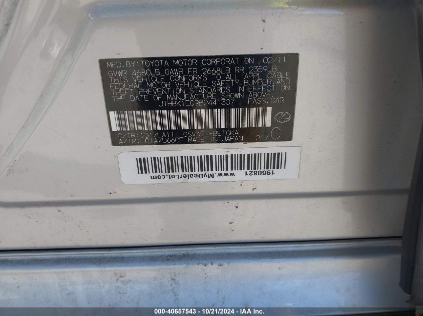 2011 Lexus Es 350 VIN: JTHBK1EG9B2441307 Lot: 40657543