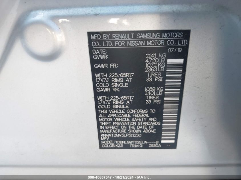 VIN KNMAT2MV5LP511230 2020 NISSAN ROGUE SV INTELLIGENT AWD