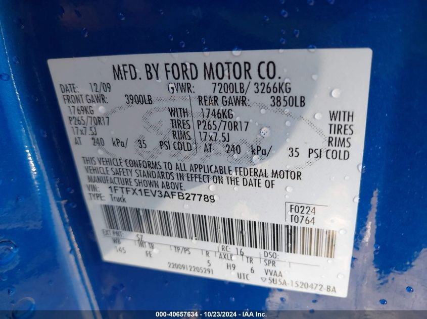 2010 Ford F-150 Fx4/Lariat/Xl/Xlt VIN: 1FTFX1EV3AFB27789 Lot: 40657634