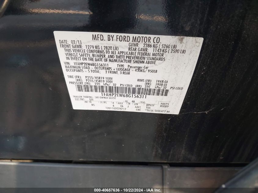 2011 Ford Taurus Sel VIN: 1FAHP2EW6BG156311 Lot: 40657636