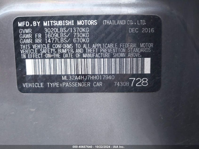 2017 Mitsubishi Mirage Se VIN: ML32A4HJ7HH017940 Lot: 40657640