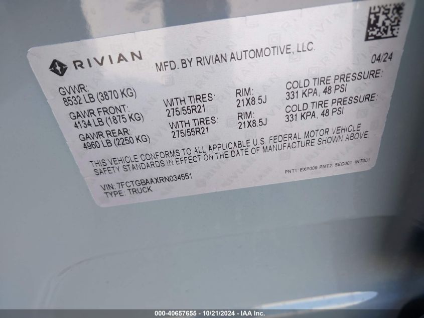 2024 Rivian R1T Adventure Dual Motor Large Pack/Adventure Dual Motor Perf Large Pack VIN: 7FCTGBAAXRN034551 Lot: 40657655