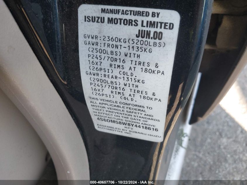 2000 Honda Passport Ex/Lx VIN: 4S6DM58W8Y4418616 Lot: 40657706