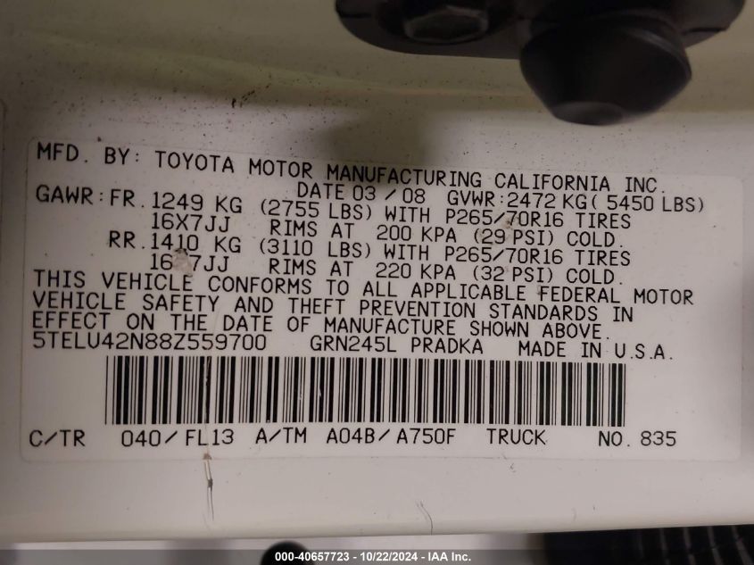 2008 Toyota Tacoma Double Cab VIN: 5TELU42N88Z559700 Lot: 40657723