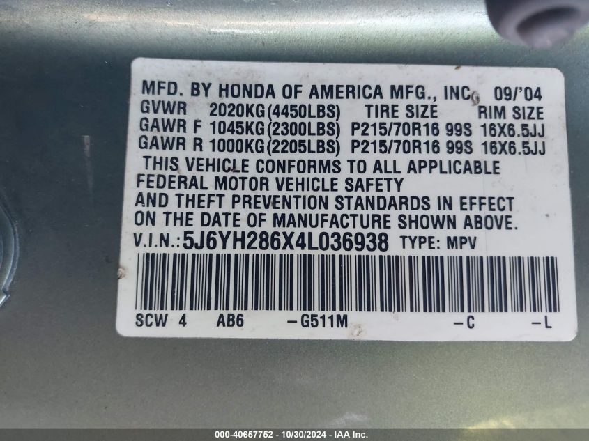 2004 Honda Element Ex VIN: 5J6YH286X4L036938 Lot: 40657752