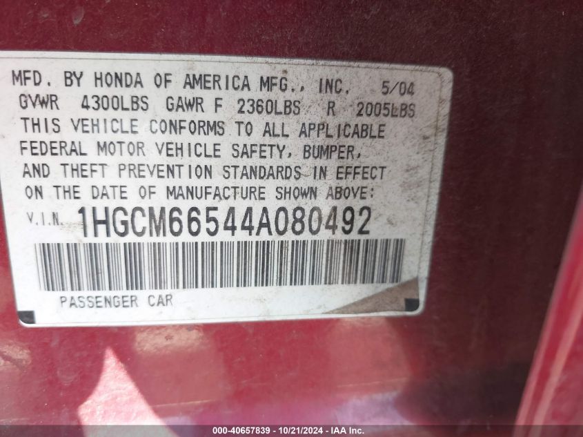 2004 Honda Accord 3.0 Ex VIN: 1HGCM66544A080492 Lot: 40657839