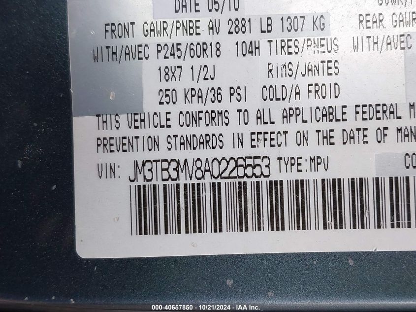 2010 Mazda Cx-9 Touring VIN: JM3TB3MV8A0226553 Lot: 40657850