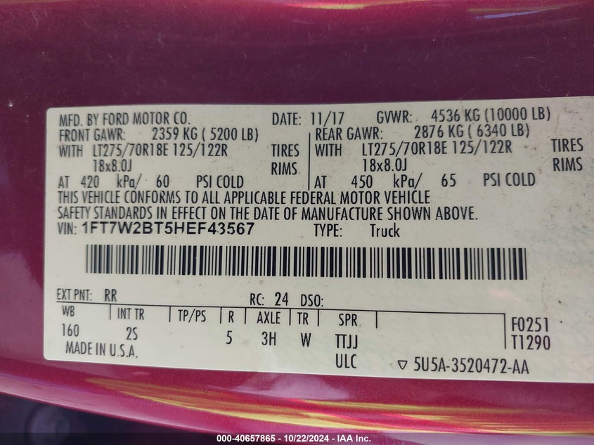 2017 Ford F-250 Xlt VIN: 1FT7W2BT5HEF43567 Lot: 40657865