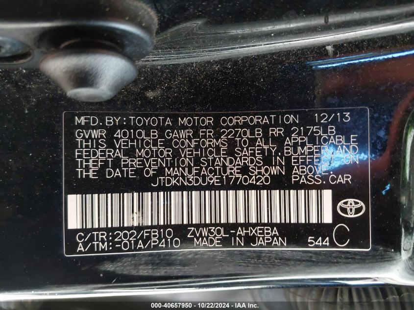 2014 Toyota Prius Two VIN: JTDKN3DU9E1770420 Lot: 40657950